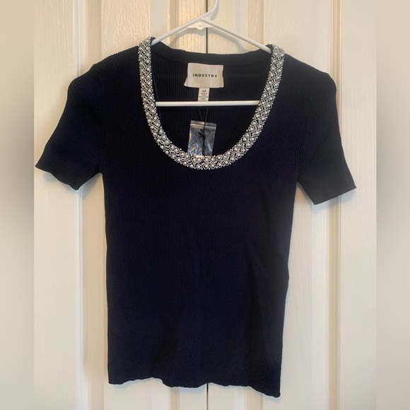 NEW Gorgeous navy blue ribbed knit short sleeve sweater NWT beaded pearl collar - Picture 8 of 8
